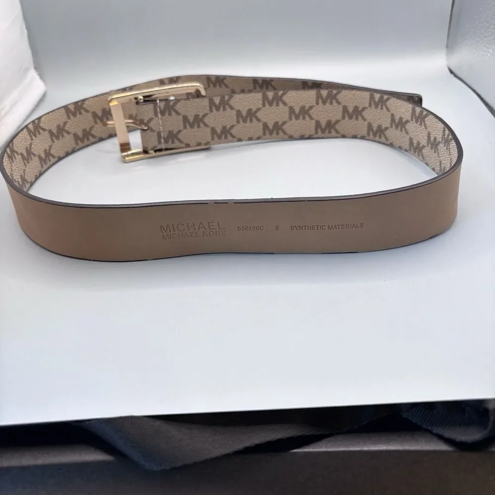 Michael Kors MK Signature Logo Belt Brown Vanilla Gold Buckle Women's Small